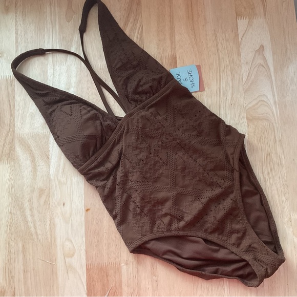 Women's Plunge Full Coverage One Piece Boho Swimsuit Shade & Shore Brown M 8 10 - Picture 1 of 8